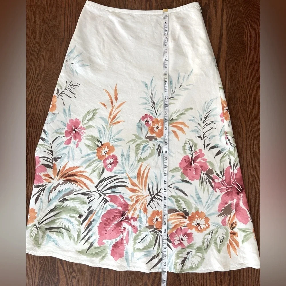 Talbots Linen Cotton Blend A-Line Off White & Floral Midi Skirt Size 12 - Picture 10 of 12